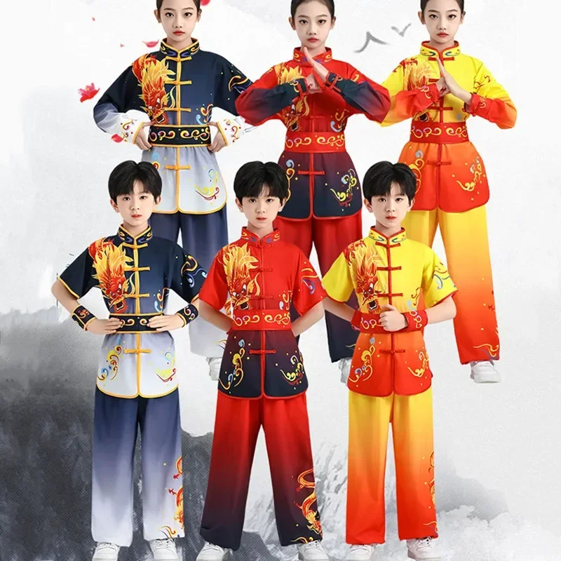 الصبي فنون الدفاع عن النفس مجموعة الاطفال أداء فتاة دعوى الرجال الكونغ فو موحدة الصينية النساء تاي تشي ازياء الأطفال الووشو مجموعات ملابس الطفل