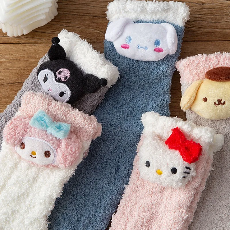 Kawaii Kuromi Cinnamoroll Plush Socks for Girls Melodyhello kitty Socks Cinnamoroll Plush Stuff Things Female Winter Warm Gifts