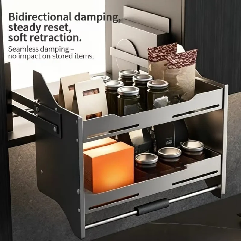 Stainless steel pull-down cabinet lift basket with metal and plastic fittings