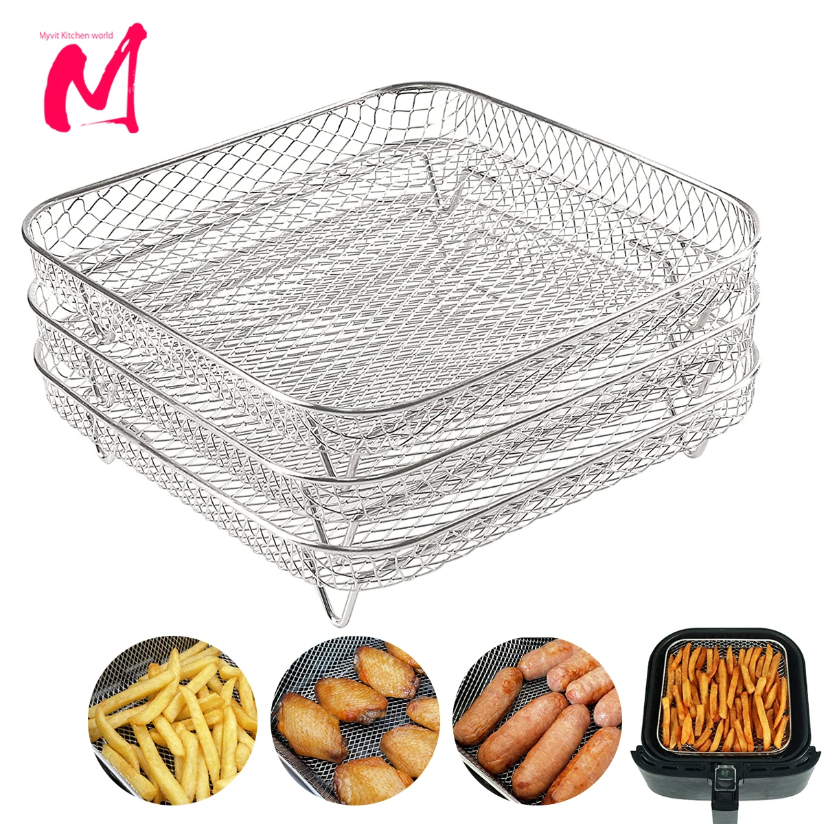 3-layers Air Fryer Rack Stackable Grid Grilling Rack Stainless Steel Anti-corrosion for Home Kitchen Oven Steamer Cooker Gadgets