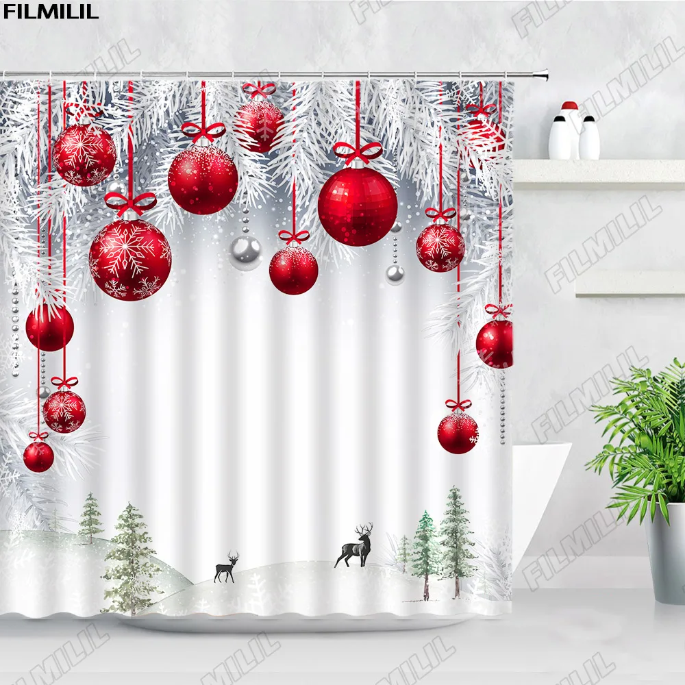 Christmas Shower Curtains Green Pine Branch Xmas Ball Star Grey Wooden Board New Year Home Bathroom Decor Cloth Bath Curtain Set