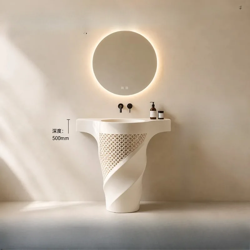 Corian Seamless Integrated Floor Wash Basin Minimalist Art Hollow Custom Column Basin Smart Mirror