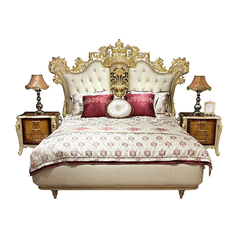 French bed set, European leather bed, palace villa bedroom solid wood champagne princess bed master bedroom double bed