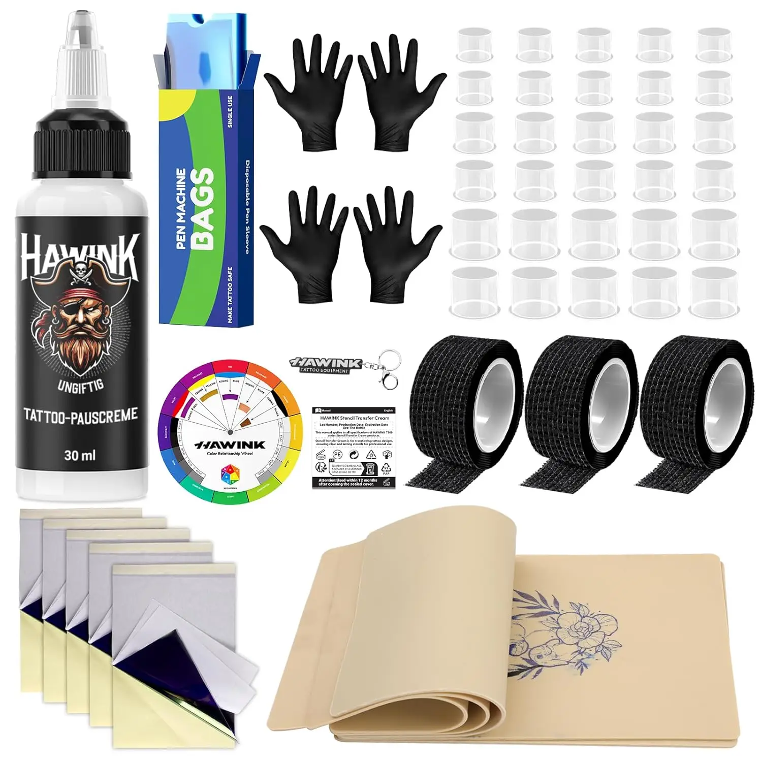 

Tattoo Practice Skins 3MM Thick Fake Skin with Transfer Paper, Tattoo Papers, Pen Covers, Color Wheel Card Accessories Kit