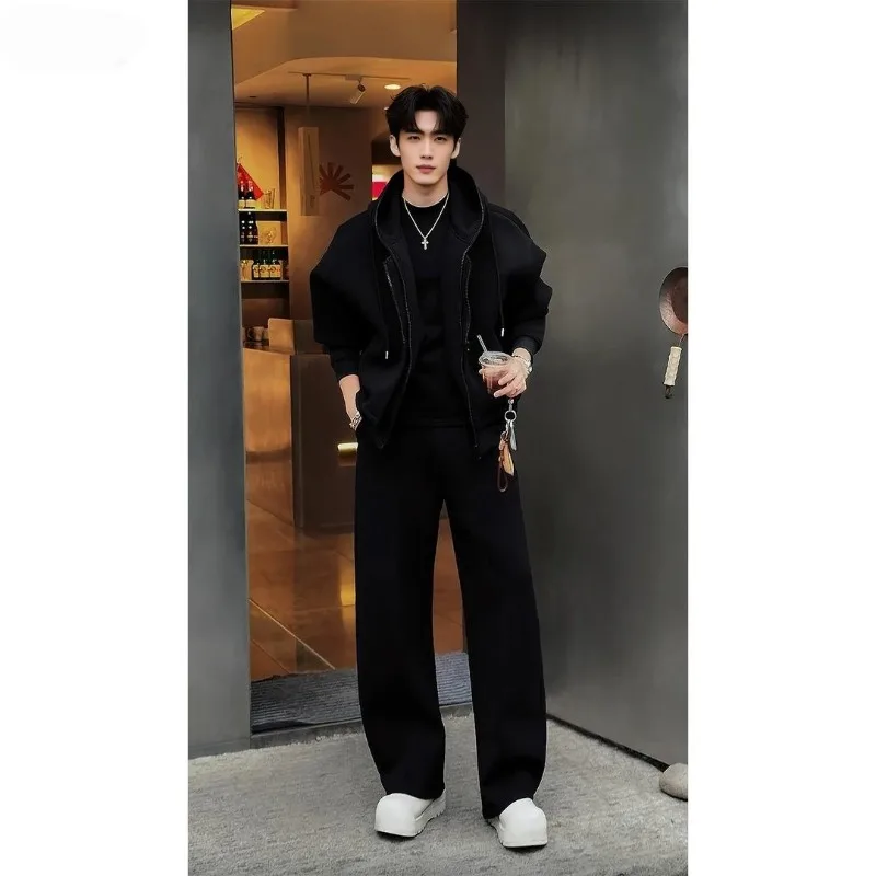 New Autumn and Winter Features Stylish Casual Hooded Sweatshirt Set Men Simple Silhouette Loose Jacket Straight-leg Sweatpants