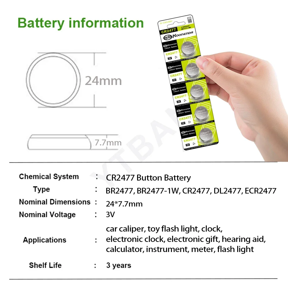 

CR2477 3V Lithium Battery 1000mAh Long-Lasting for Car Key Fob Remote Watch Calculator Toys Scale Replace DL2477 ECR2477 KCR2477