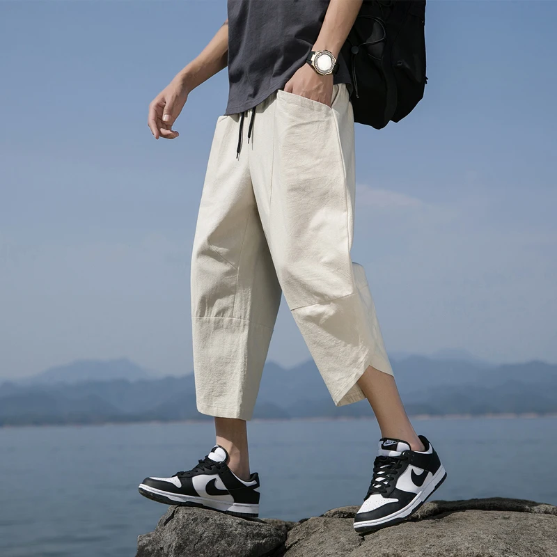 

Мужские шорты из хлопка и льна в стиле ретро, летний тонкий комплект, модные широкие брюки из ледяного шелка и хлопка, повседневные брюки длиной 7/8