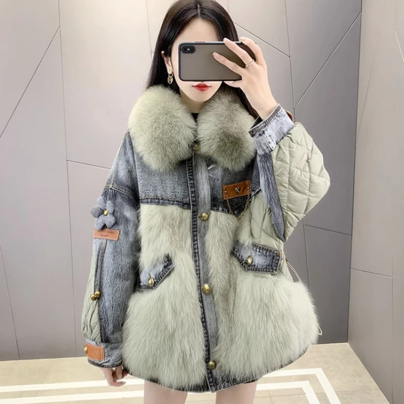 Winter Women Sewn Fur Jacket Fashion Imitation Fox Feather Down Cotton Padded Jacket Denim Jacket Short Style Overcoming Jacket