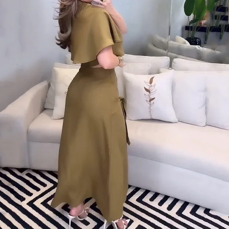 Casual Two-piece Women's O-collar Short-sleeved Pullover Split Irregular Skirt Solid Color Summer Two-piece Set