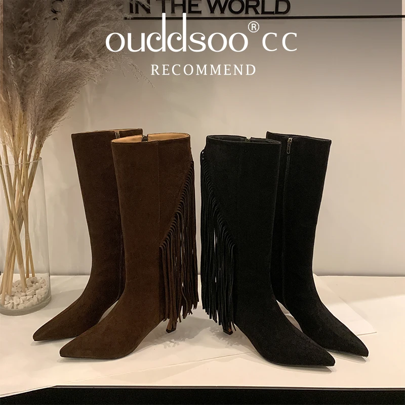 

Ods Bohemia Style Fashion Women Boots 9CM Faux Suede High Heels Outdoors Ladies Pointed Toe Shoes Autumn Winter Long Tassels4142