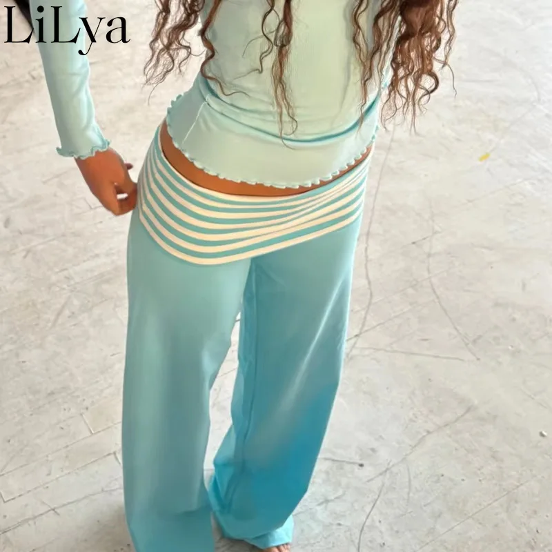 Y2K Harajuku Light Blue Striped Fold-Over Waist Ruffled Wide-Leg Floor Pants Women Loose Booty Lift Casual Daily Wear Pants Lady
