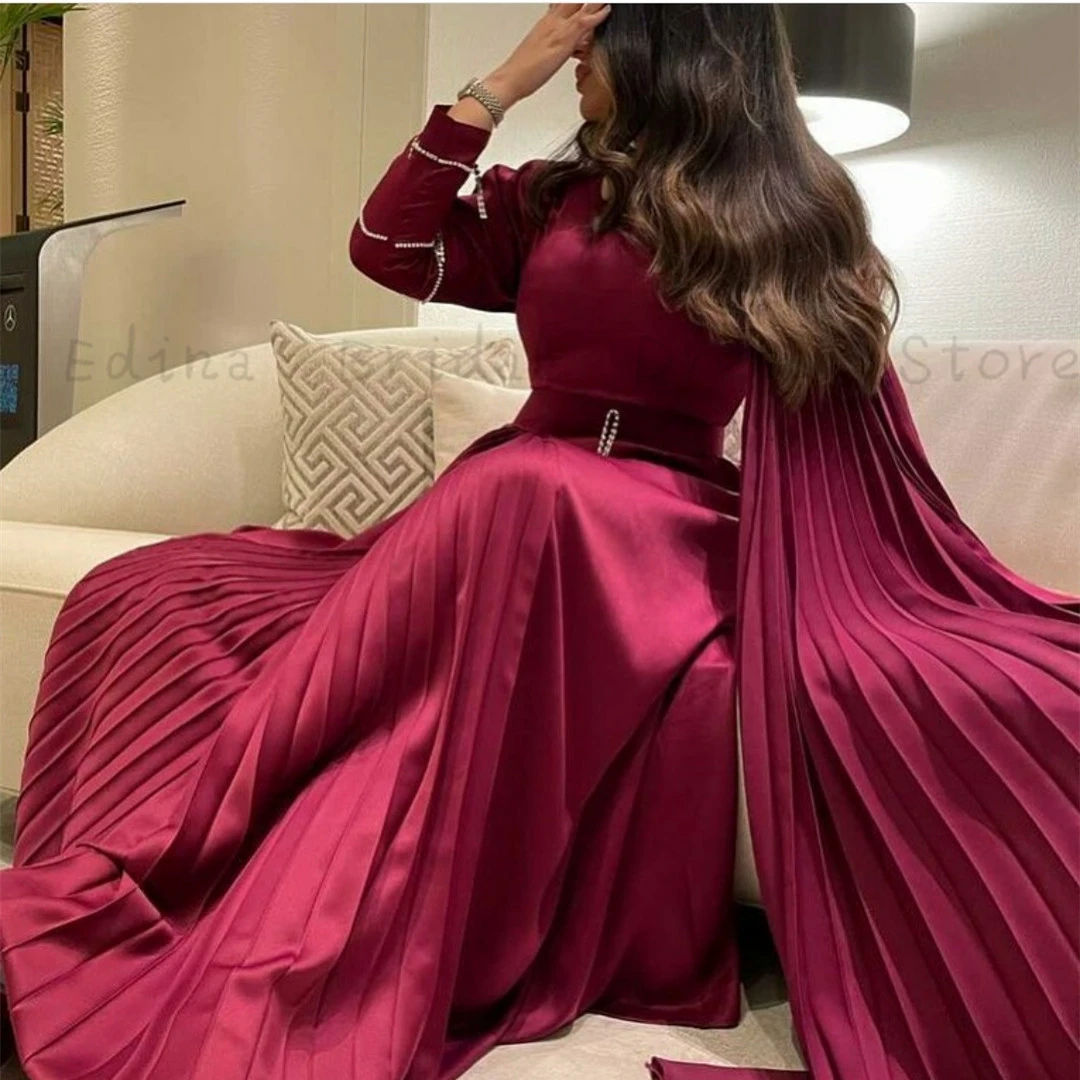 Vintage Long Sleeve Prom Dresses for Musilm Floor Length Wine Red Satin Trumpet Formal Dress for Teens 2023 Pleated vestidos