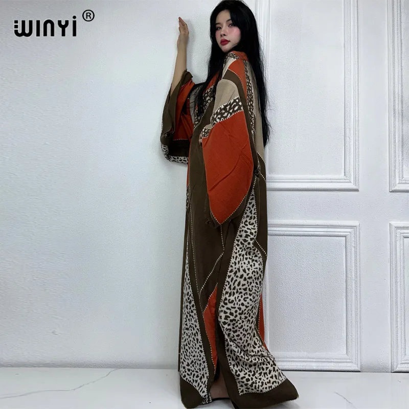 WINYI kimono winter dress for women geometry print Luxury Fur OverCoat Thick Warm coat fashion cardigan Middle East winter abaya