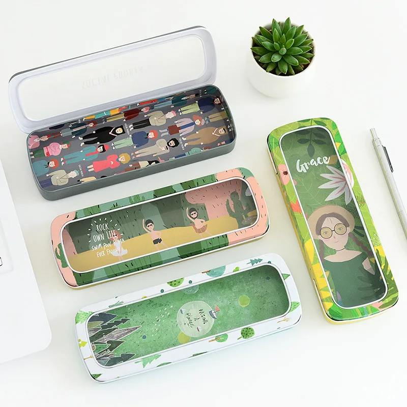 Window Opening Student Pencil Case Cute Tin Pen Box Stationery Holder Desk Organizer School Supplies Storage Accessories Forest