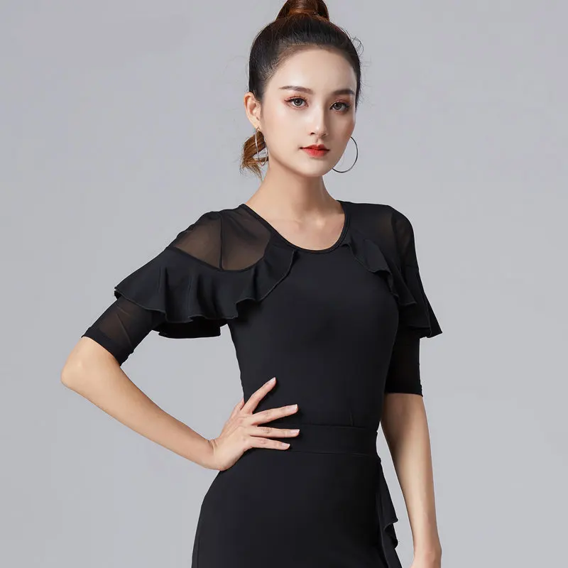 Black Latin Dance half-sleeve Shirt Sexy Mesh Tops Women Professional Practice Clothes Female Ballroom Modern Dance Costumes