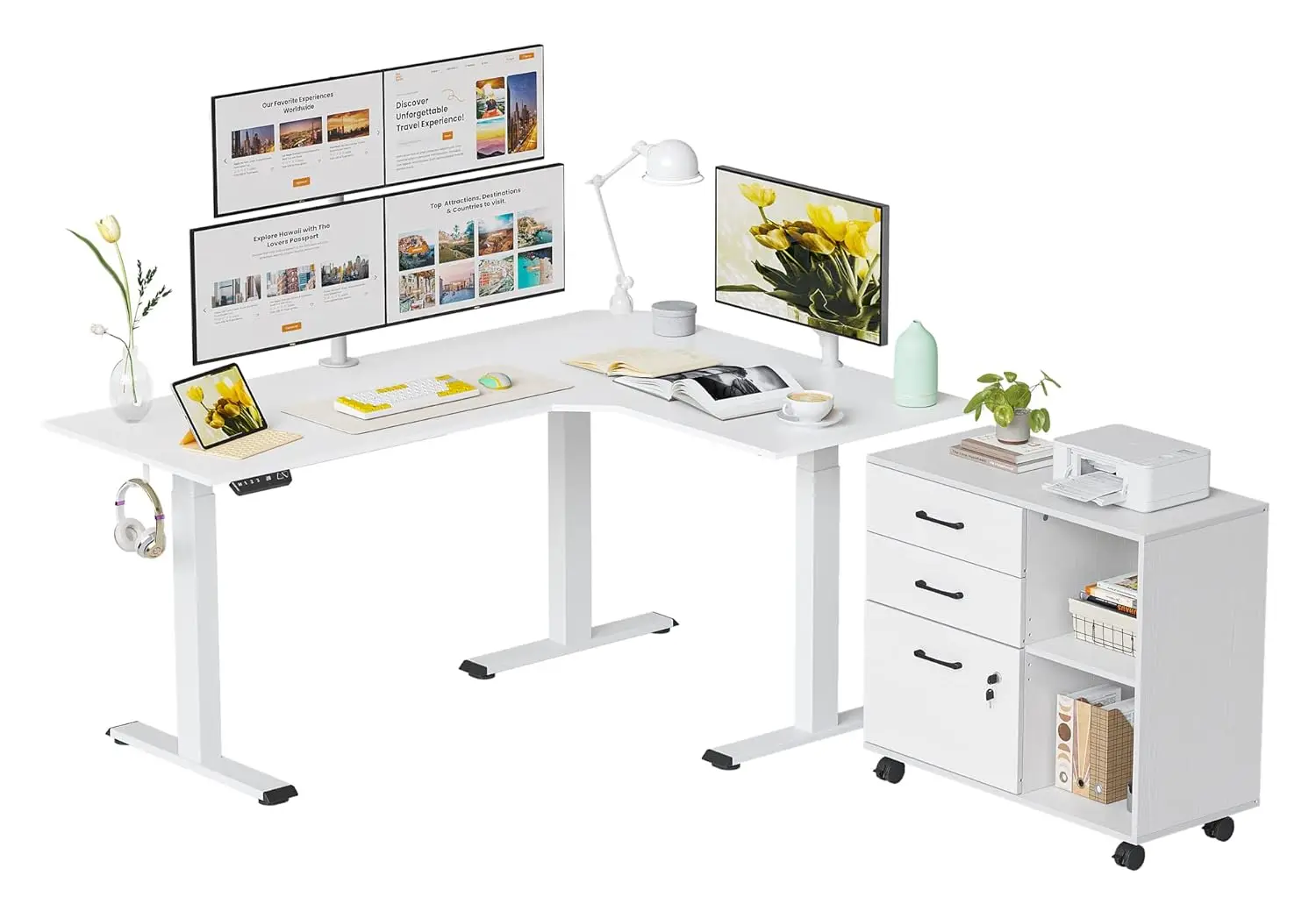 

Triple Motor L-Shaped Electric Standing Desk Height Adjustable with 3 Drawer Cabinet 63x24 White, Customized