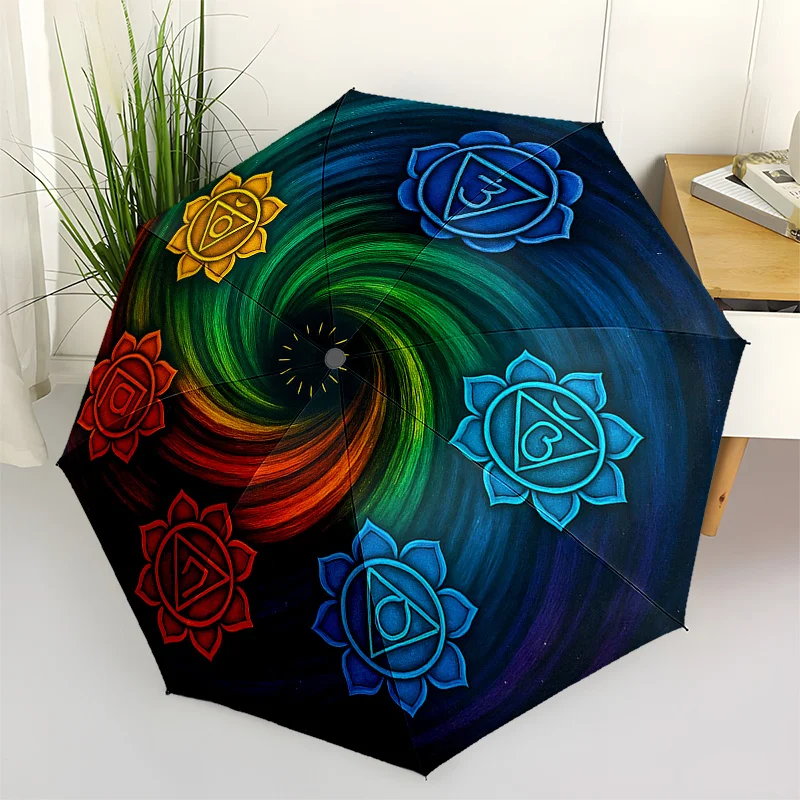 

Chakra Balance Mandala Umbrella - Automatic Open/Close Portable 3-Fold Compact Umbrella with 8-Rib Durable Frame, Vibrant Ener
