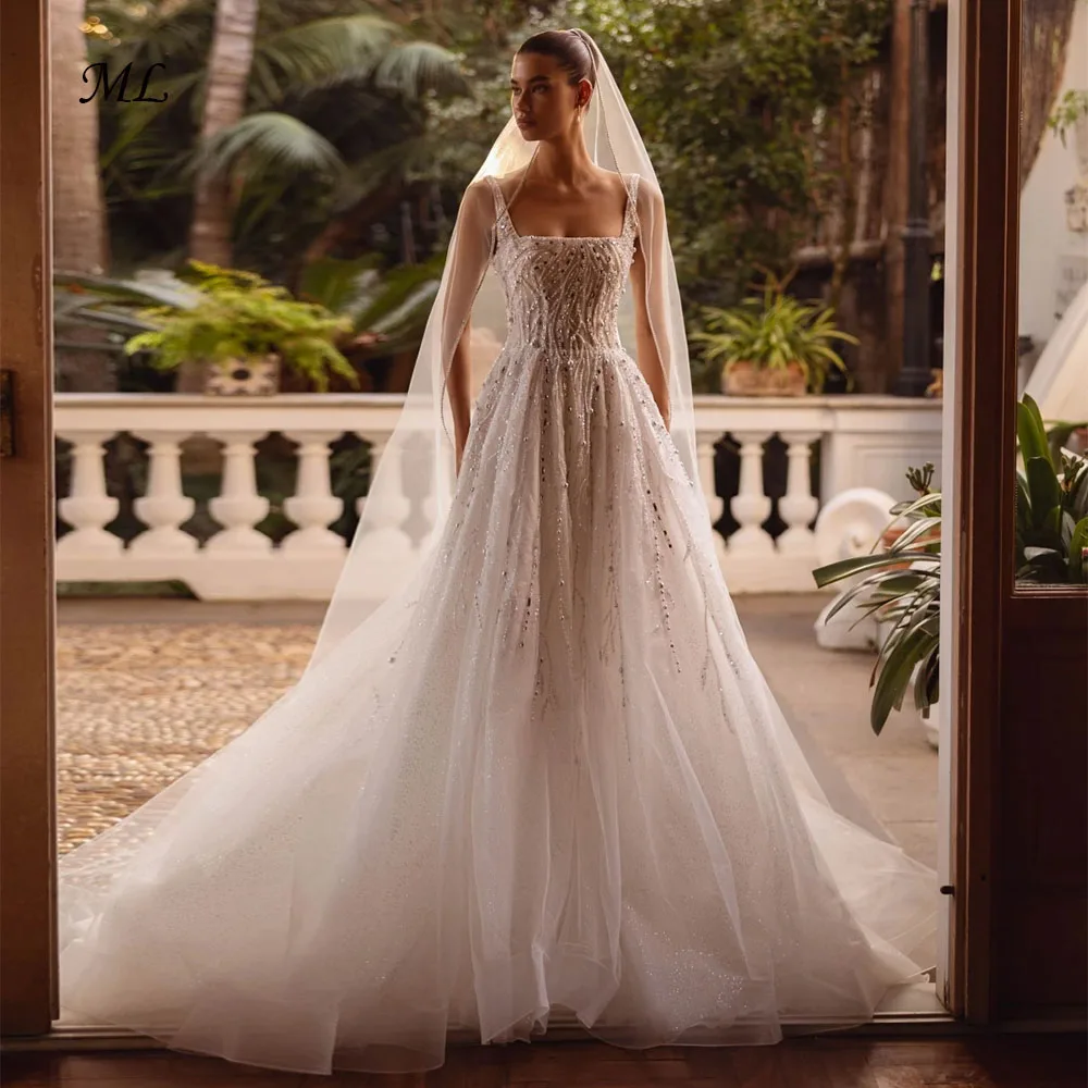 

Свадебное платье ML класса люкс с жемчугом и пайетками, А-силуэт, из фатина, длинное, 2026, на заказ, с квадратным вырезом, для невесты, в стиле мечты