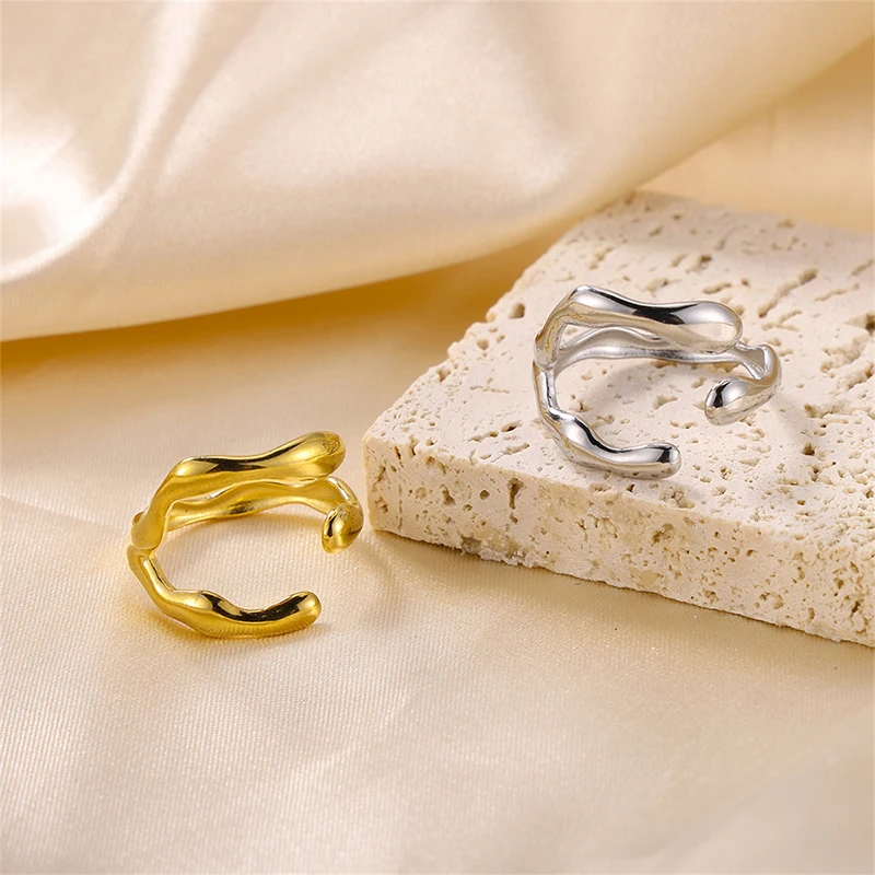 Letdiffery Fashion Irregular Geometric Rings for Women Men Stainless Steel Gold Color Minimalist Stackable Adjustable Open Rings