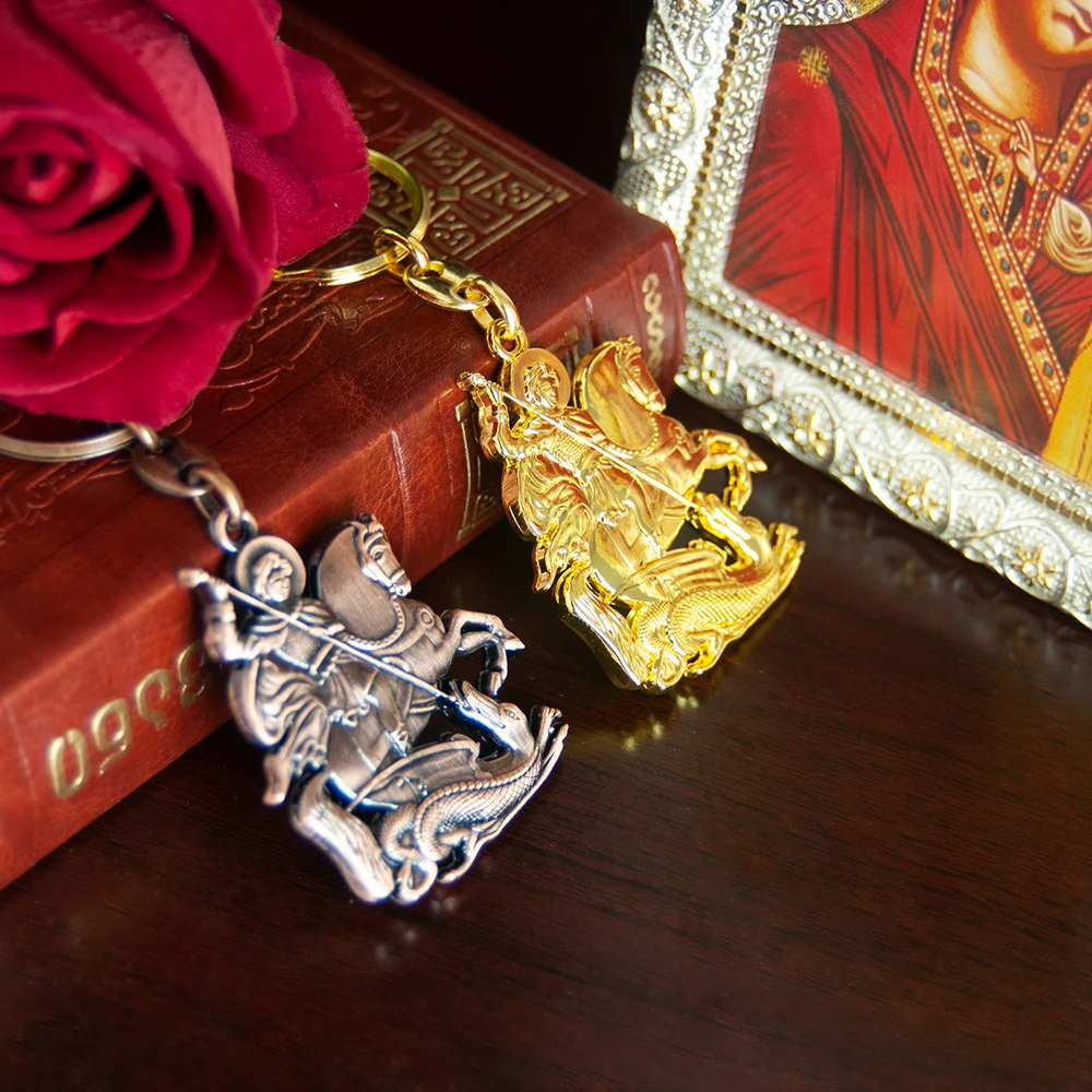 พวงกุญแจคริสเตียน HTISOK นักบุญจอร์จกำลังกำจัดมังกร จี้โลหะ พวงกุญแจ แหวนพวงกุญแจ เครื่องประดับ ของขวัญสำหรับผู้ศรัทธา