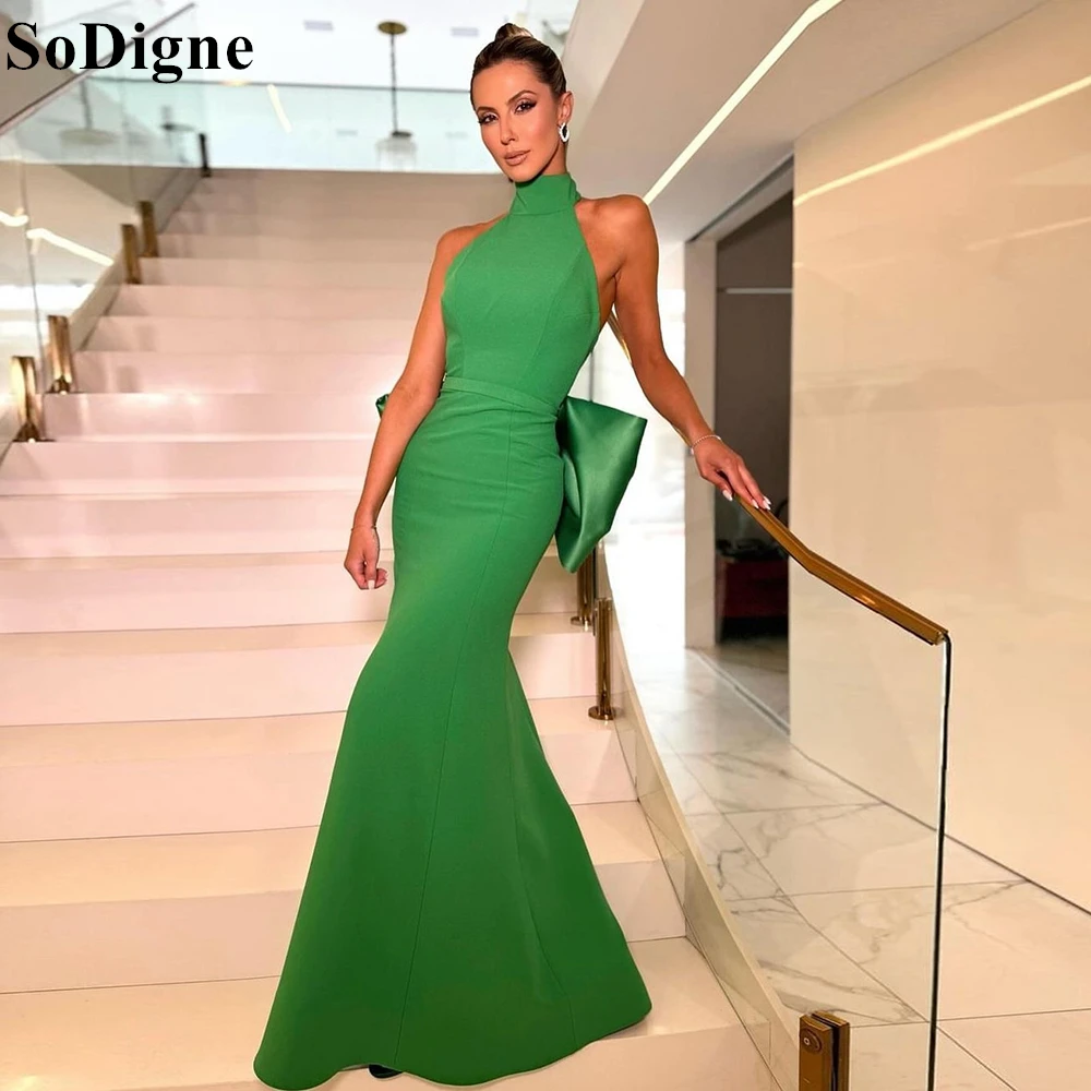 

SoDigne Sexy Green Evening Dresses Mermaid High Neck Bow Draped Sleeveless Banquet Party Dress Backless Prom Gowns Customized