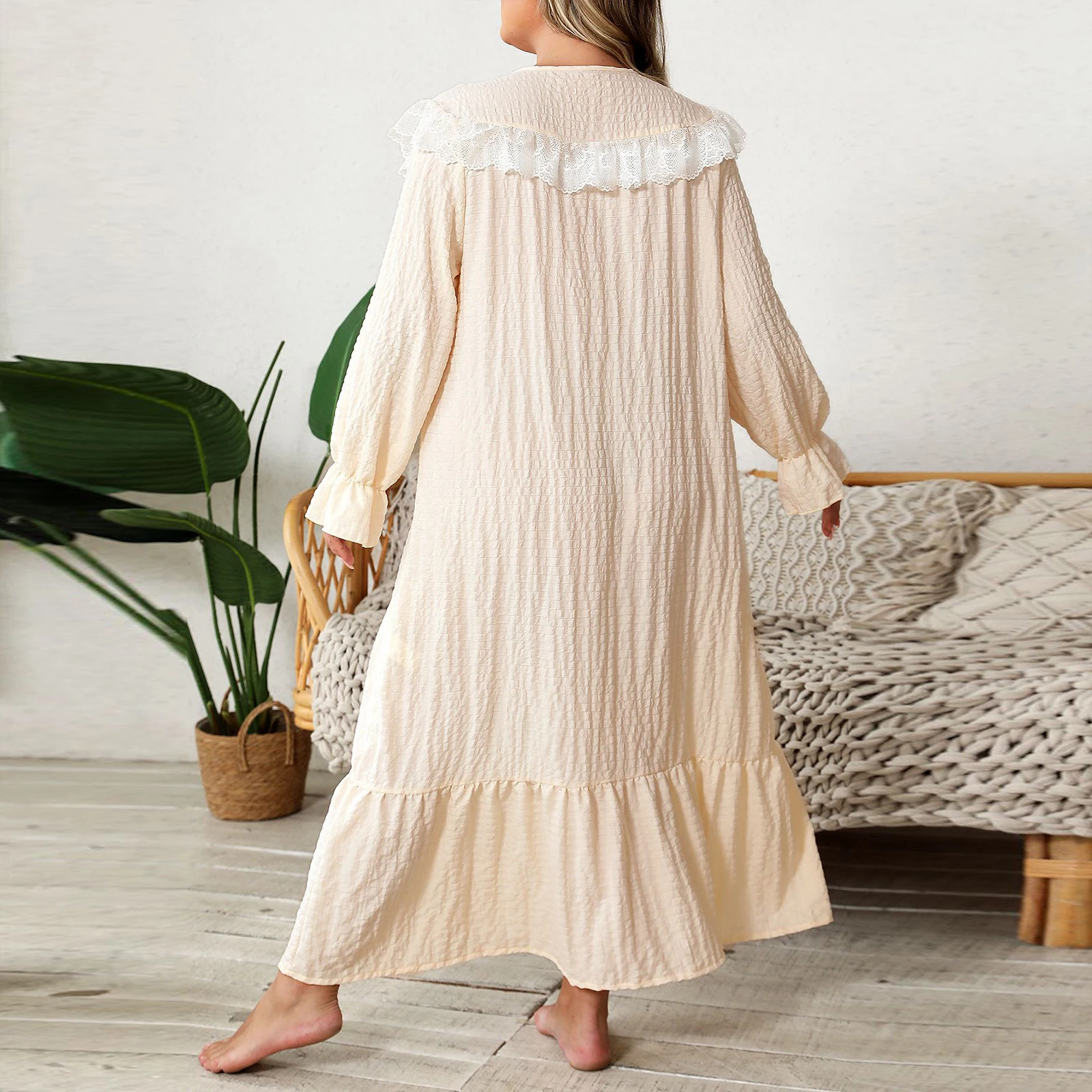 ผู้หญิง PLUS ขนาด Nightgown หลวมลูกไม้ Trim รอบคอยาวแขนยาวชุดนอนชุดลําลองชุดนอนหลวม PLUS ขนาดชุด