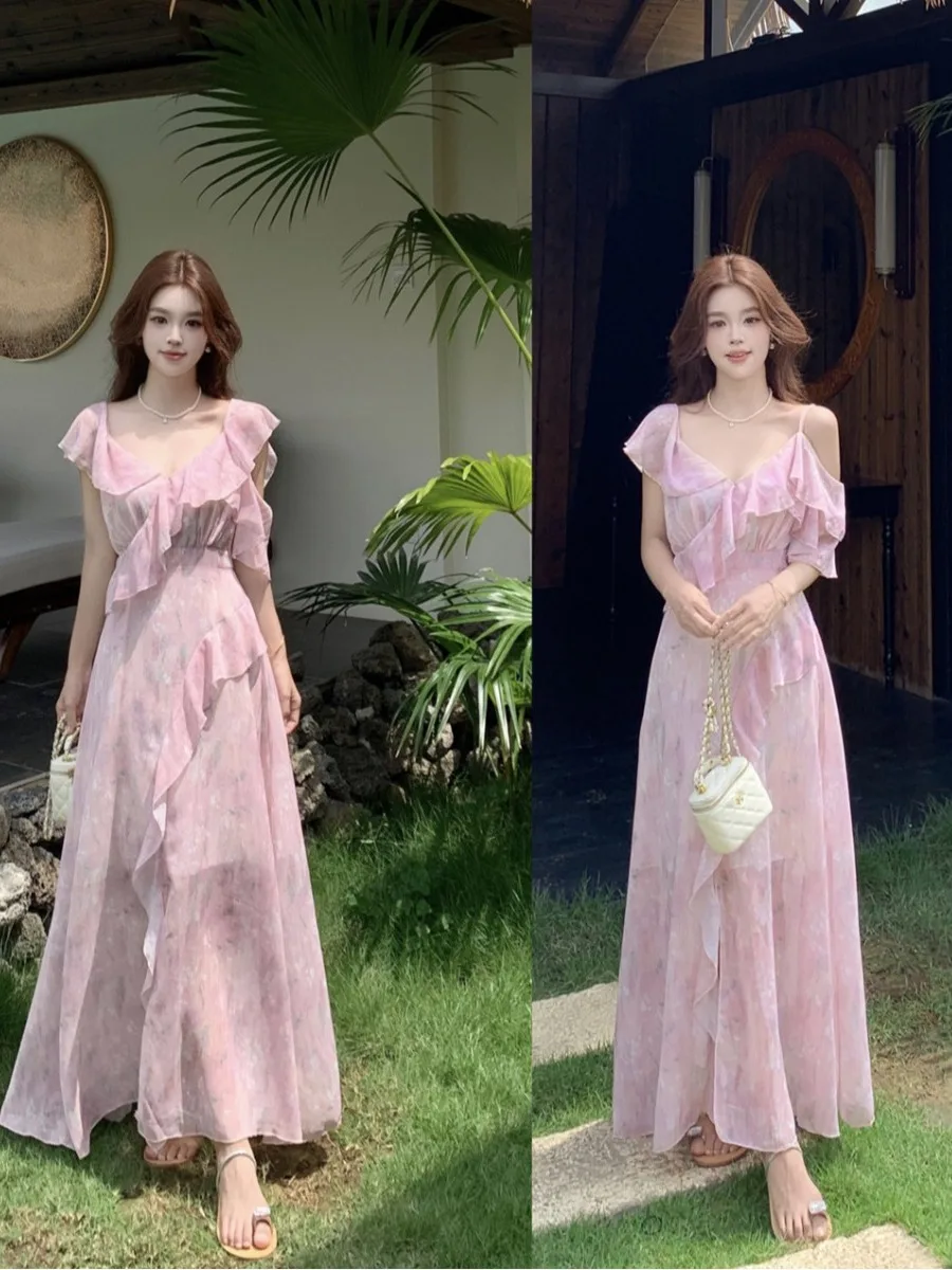 

plus Size Summer Printed Maxi Dress French Style A-Line Skirt Short Sleeve Chiffon Cover up Beach Holiday Long Gown Women