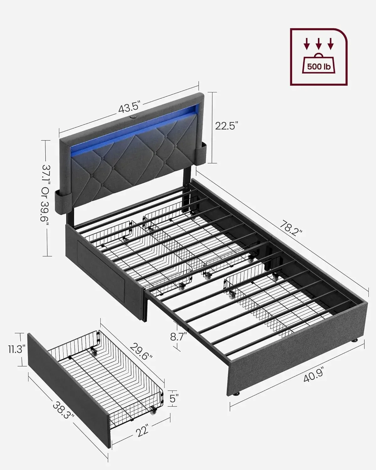 LED Bed Frame Twin Size with Headboard and 4 Drawers, 1 USB Port and 1 Type C Port, Adjustable Upholstered Headboard, No