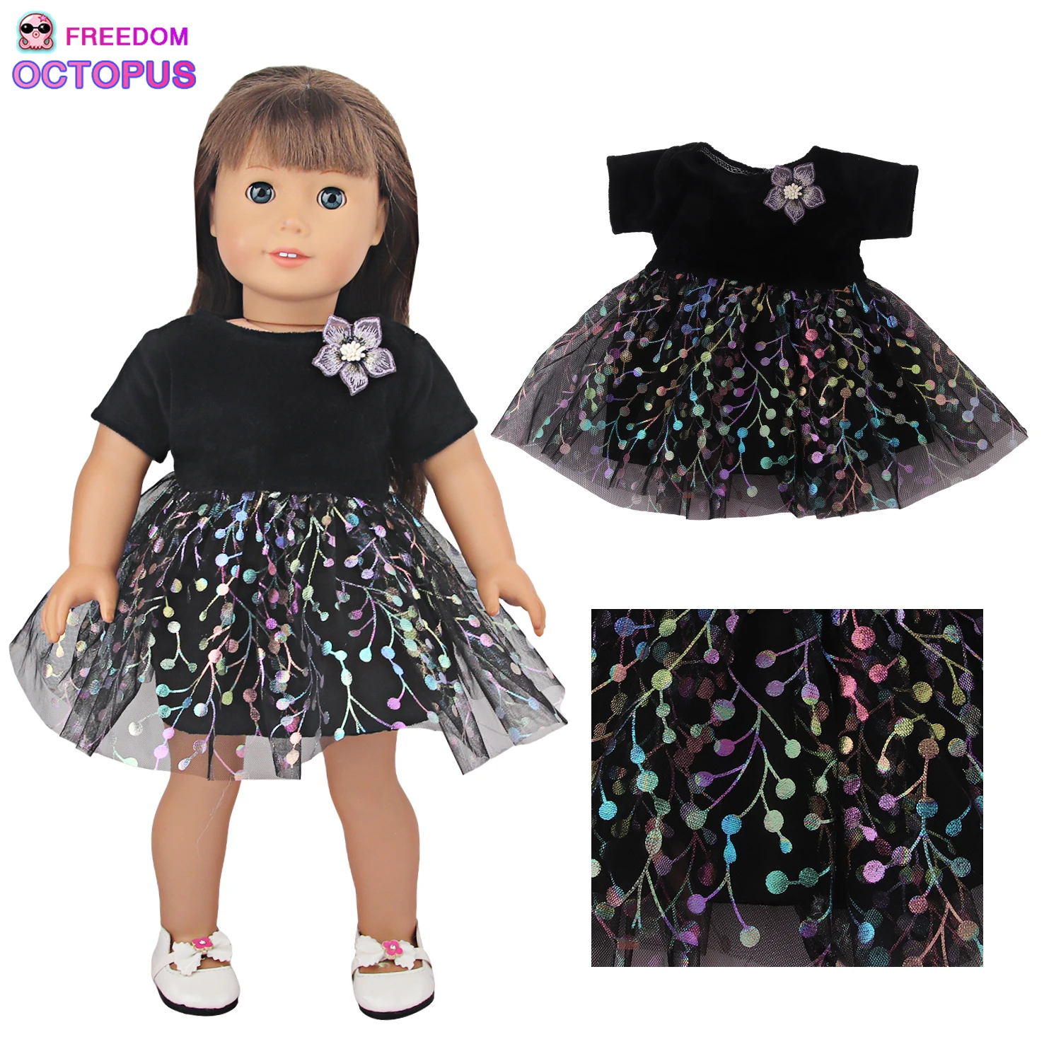 Doll Black Flower Dress Black Mysterious Princess Dress For 18 American&OG,Russia,DIY 43cm Baby New Born Girl Doll Gift Toy