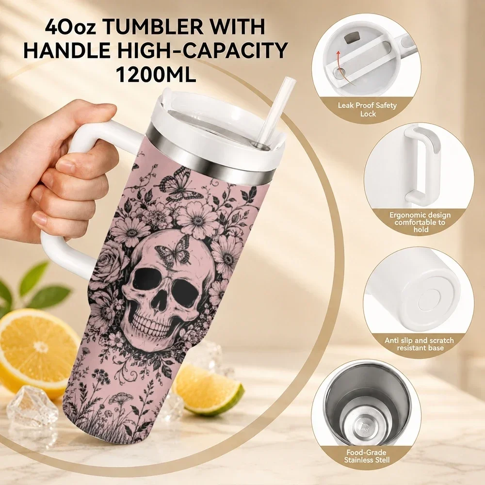 Halloween Skeleton Vacuum Flasks 40oz Stainless Steel Travel Tumbler with Handle Straw Lid Double Wall Vacuum Insulated