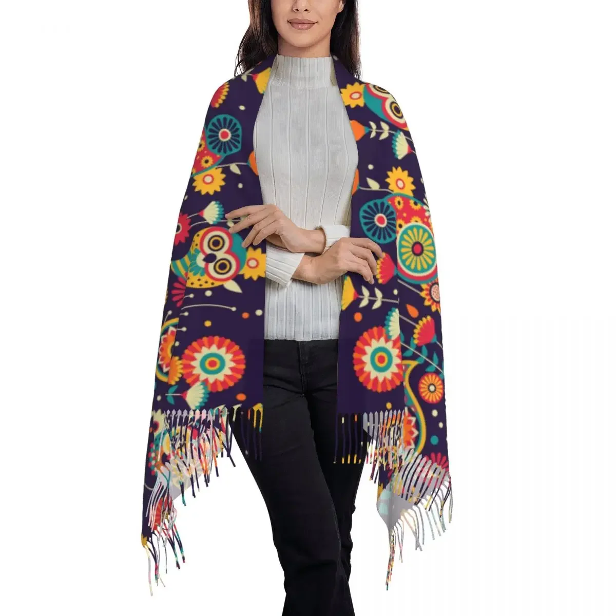 Lady Scarf Warm Vibrant Owl Head Scarves with Tassel Retro Floral Print Luxury 2024 Shawls Wrpas Winter Graphic Bufanda Mujer image 3