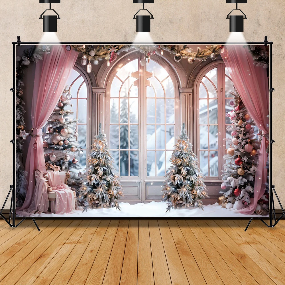 Laeacco Winter Christmas Window Scene Backdrop Snow Forest Pink Curtains Xmas Trees Gift Family Portrait Photography Background