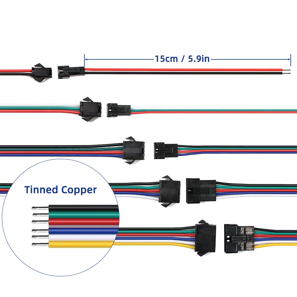 2 3 4 5 6 Pin LED Strip JST SM Connector Male or Female Adapter Plug JST Connector Terminal with 15CM 22AWG Wire for Light Strip