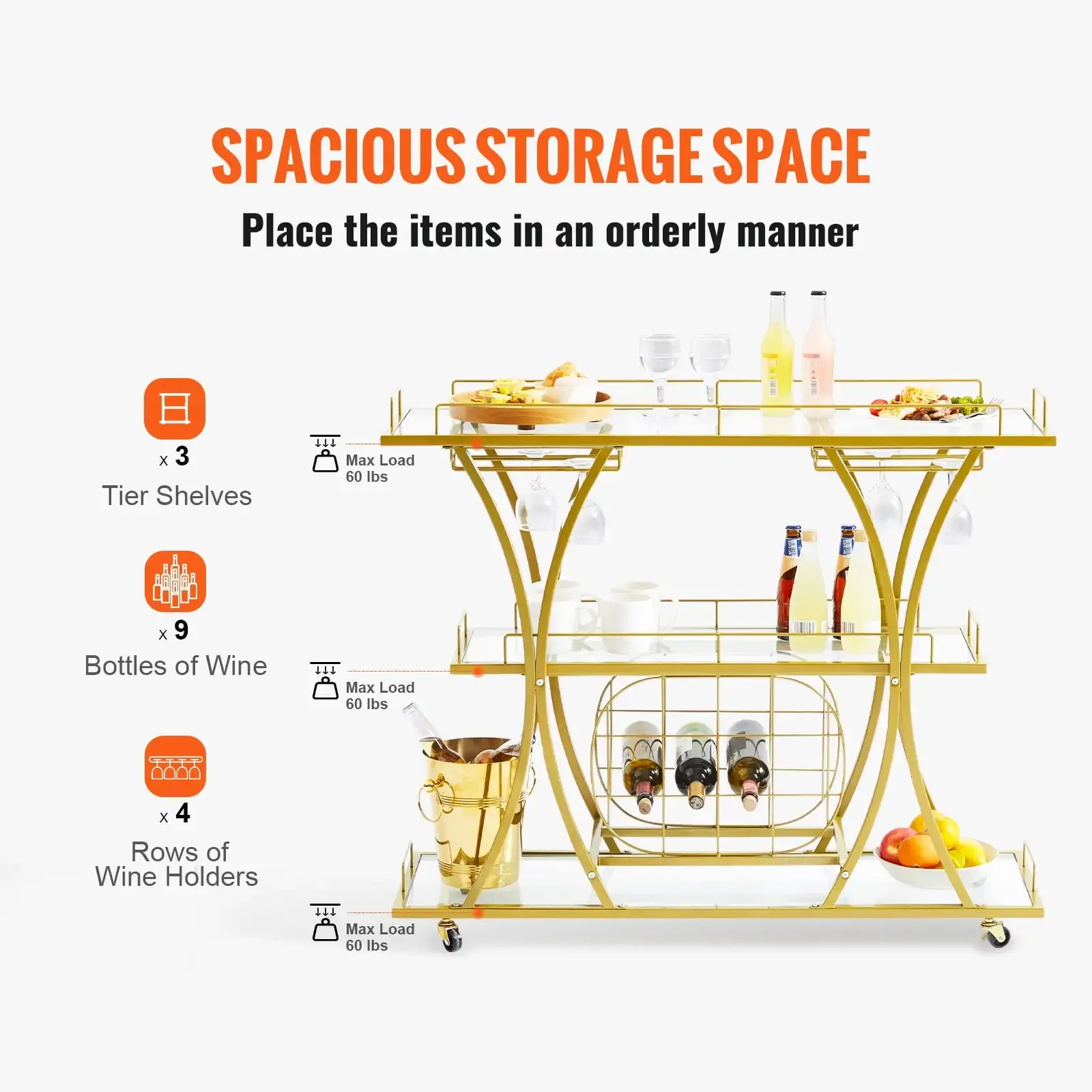 عربة تقديم بار معدني ذهبي 3 طبقات مع حامل زجاجي لرف النبيذ بوزن 180 رطلاً #4