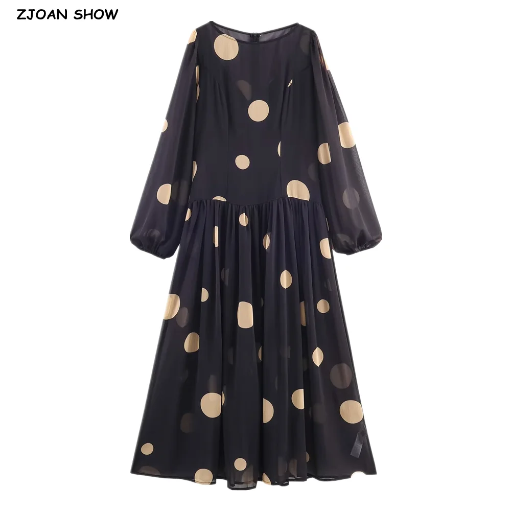 

2025 CHIC Black Polka Dot Print Puff Long Sleeve Chiffon Dress Women O neck Low Waist A line Swing Maxi Dresses With Lining Robe