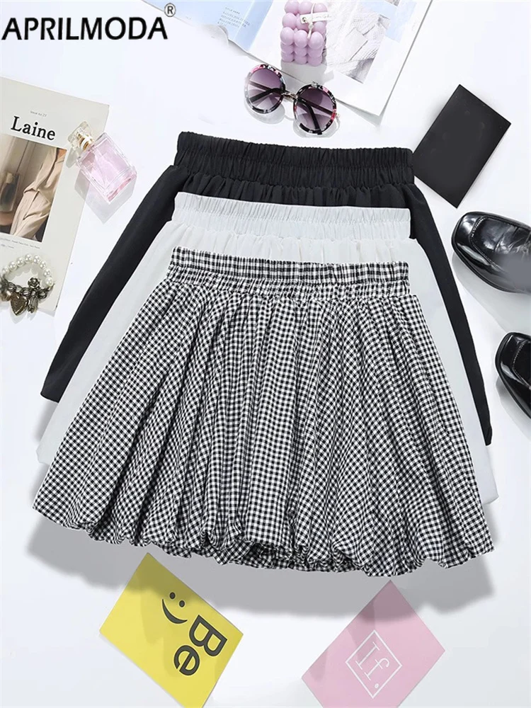 

2025 Patchwork Plaid Print White Black Mini Cute Summer Skirt Ball Gown Flower Bud Skirts Elastic High Waist Preppy Style Skort