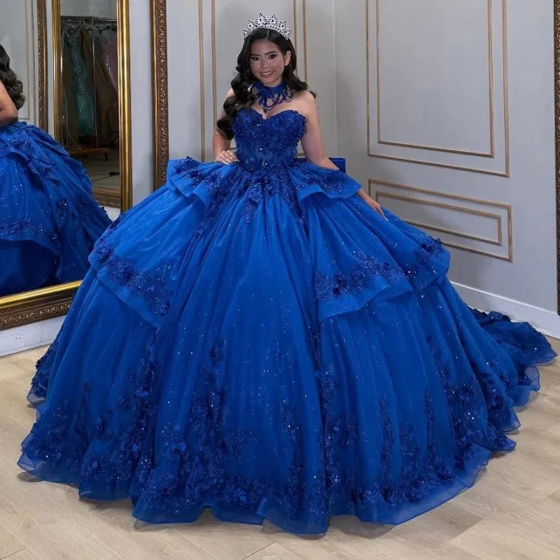 

Королевские синие блестящие платья Quinceanera с открытыми плечами и аппликацией из цветов и бусин с бантом из тюля для вечеринки, дня рождения, милое платье 16, Vestidos 15