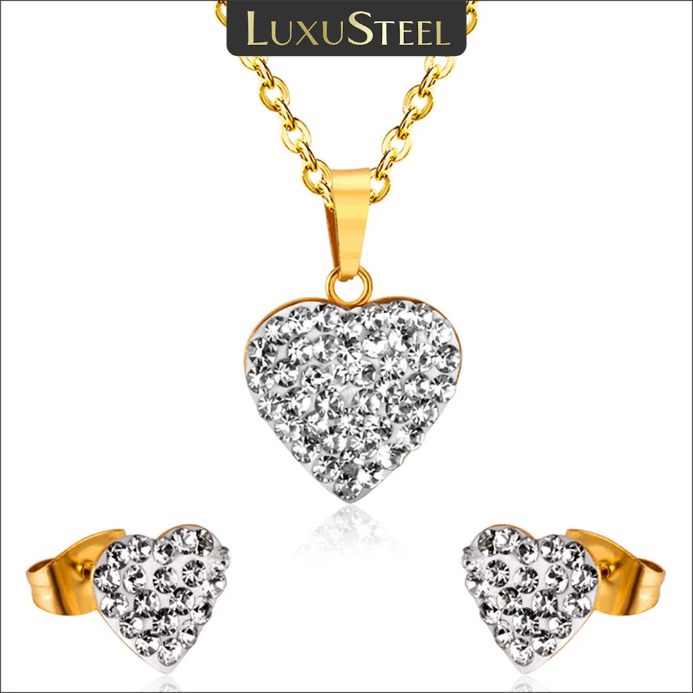 LUXUSTEEL Neue Herz Zirkonia Hochzeit Schmuck Sets Frauen/Mädchen Edelstahl Gold Farbe Halsband Halskette Collier Bijoux