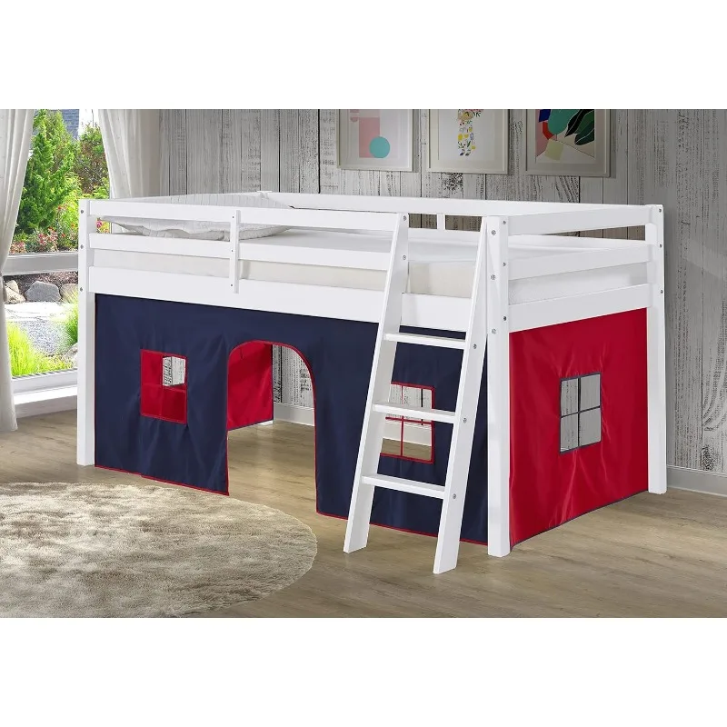 Furniture Twin Wood Junior Loft Bed for Kids with Removable Blue/Red Tent - Multifunctional Bunk Bed, Sturdy Frame, Safe Design