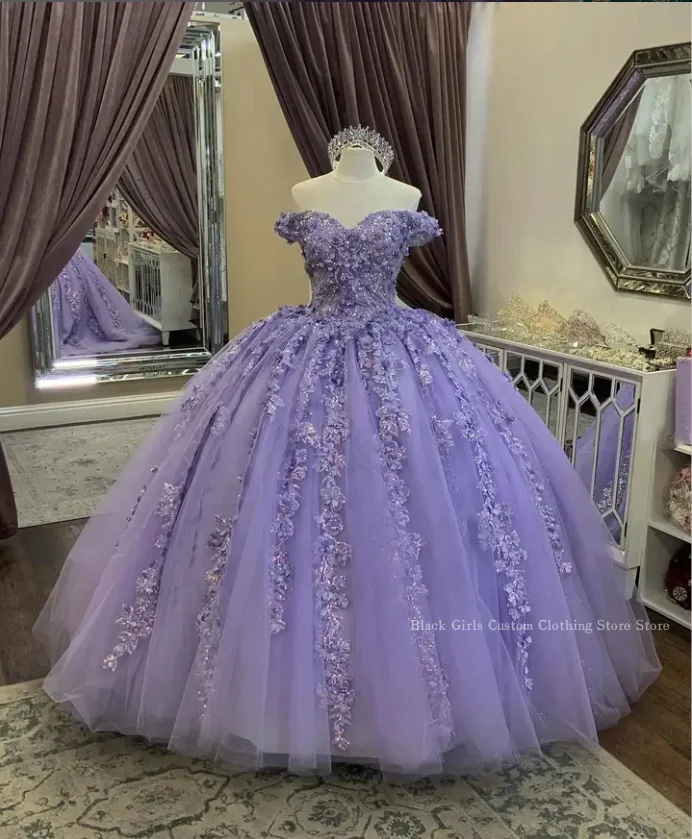 

Lilac Purple Quinceanera Dresses 2024 Strapless Poncho 3D Floral Applique Boning Corset Lace trim vestido de 15 quinceañera