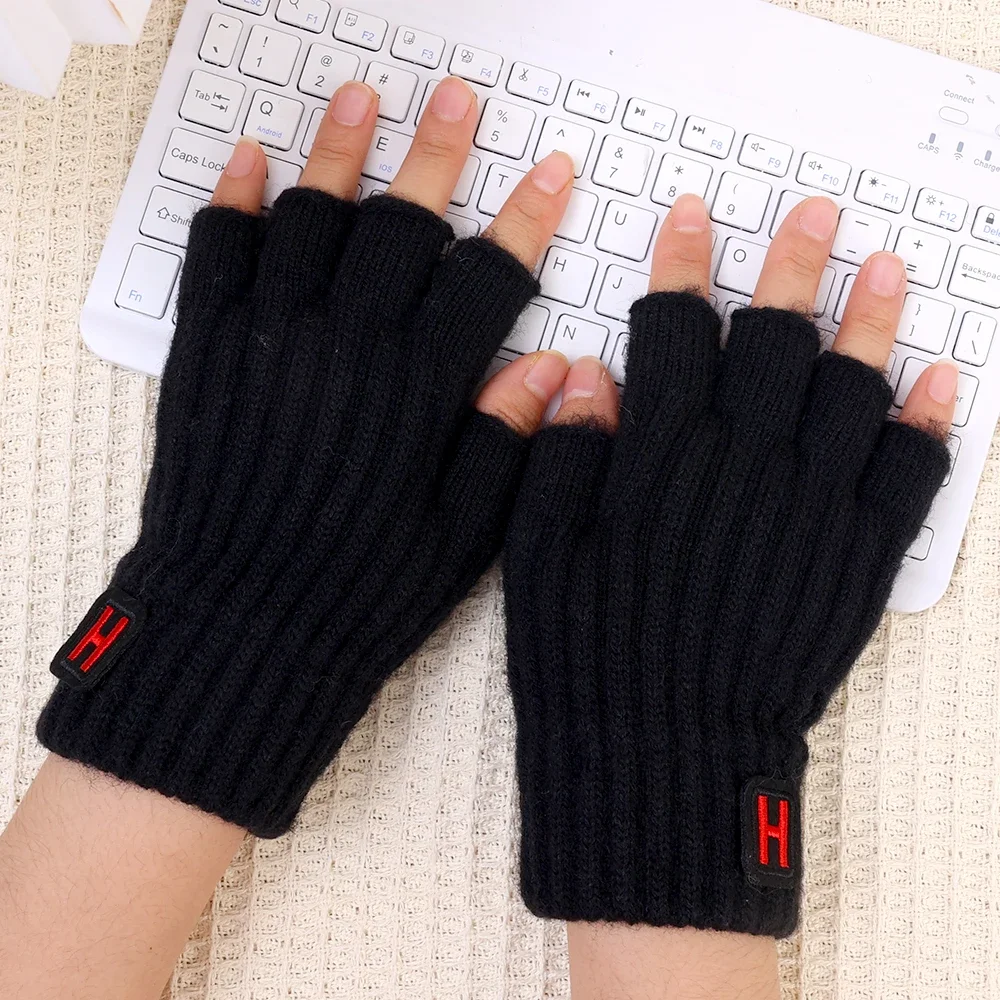 New Autumn And Winter Knitted Warm Half Finger H-label Gloves With Sliding Screen Fashion Men\'s Sports Mittens Warmth Cold-proof