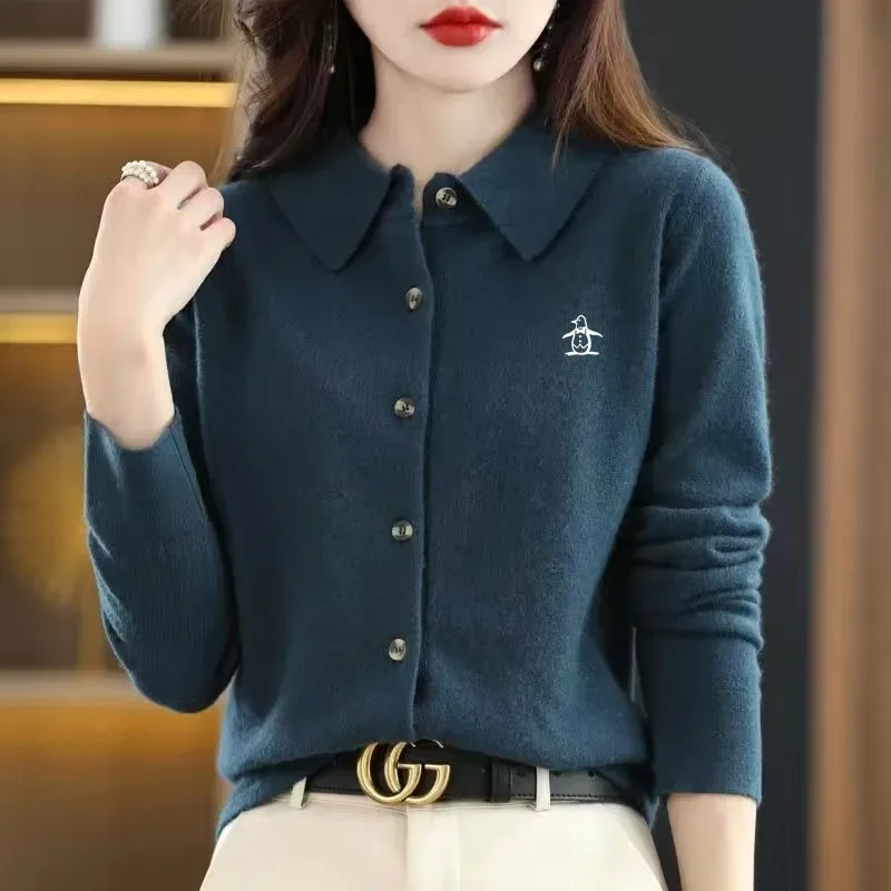 Korean Luxury Golf Sweater Women Golf Wear 2024 Autumn New Jacket Fashion Flip Collar Knit Cardigan Women's Golf Clothing image 3