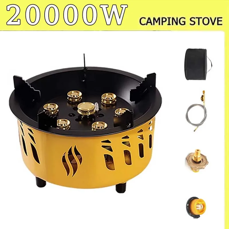 Réchaud de camping portable à 7 cœurs, puissance de feu de bain, Eva à gaz touristique, allumage électronique coupe-vent, réchauds extérieurs, barbecue, 20000W