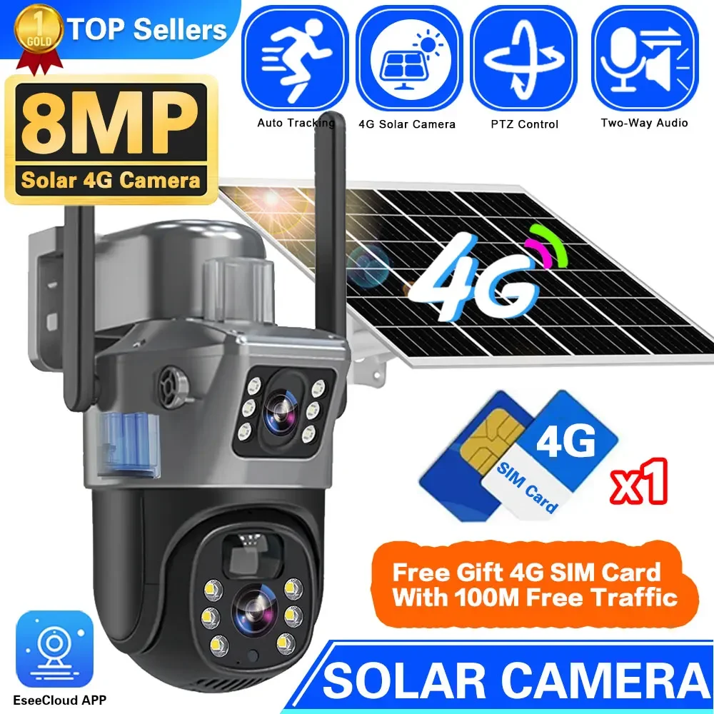 

Solar Camera Free 4G Sim Card 4K 8MP Dual Lens Outdoor AI Auto Tracking Solar Panel PIR Human Detection Two Way Audio CCTV Cam