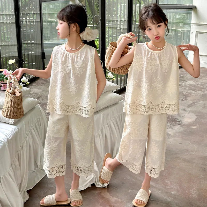 

Girls Suits 2024 New Korean Set Summer New Children Fashion Girl Baby Lace Sleeveless Vest Girls Casual Wide Leg Pants