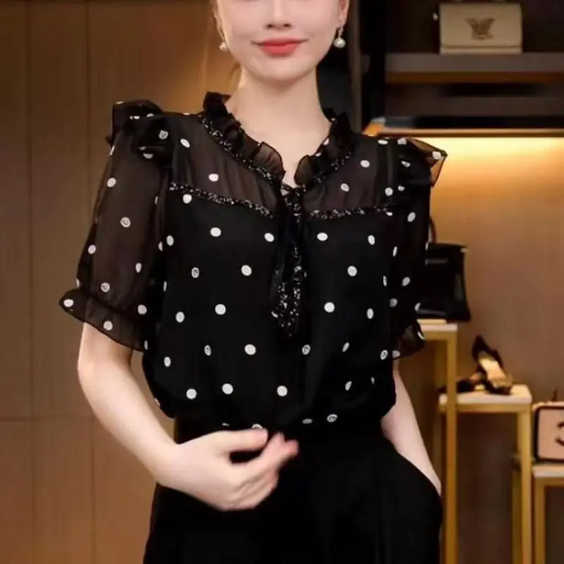 

Polka Dot Chiffon Shirt Women Summer New Style Wood Grain High End Luxury Fashion Loose Top French Style Ultra Long Sleeve