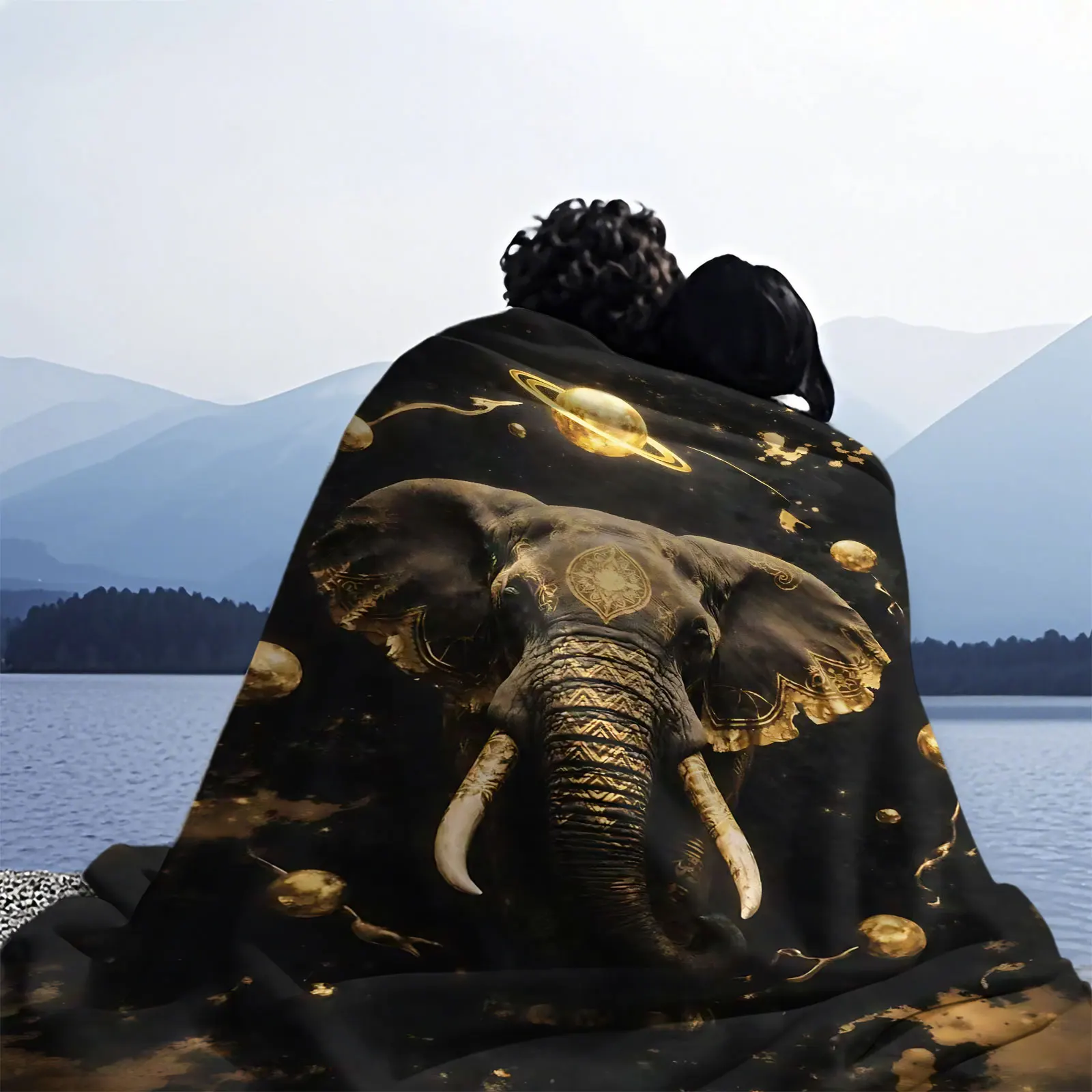 Golden Elephant Planet Space Flannel Throw Blanket Black Background Mystic Celestial Elephant Plush Blanket for Sofa Bed Decor