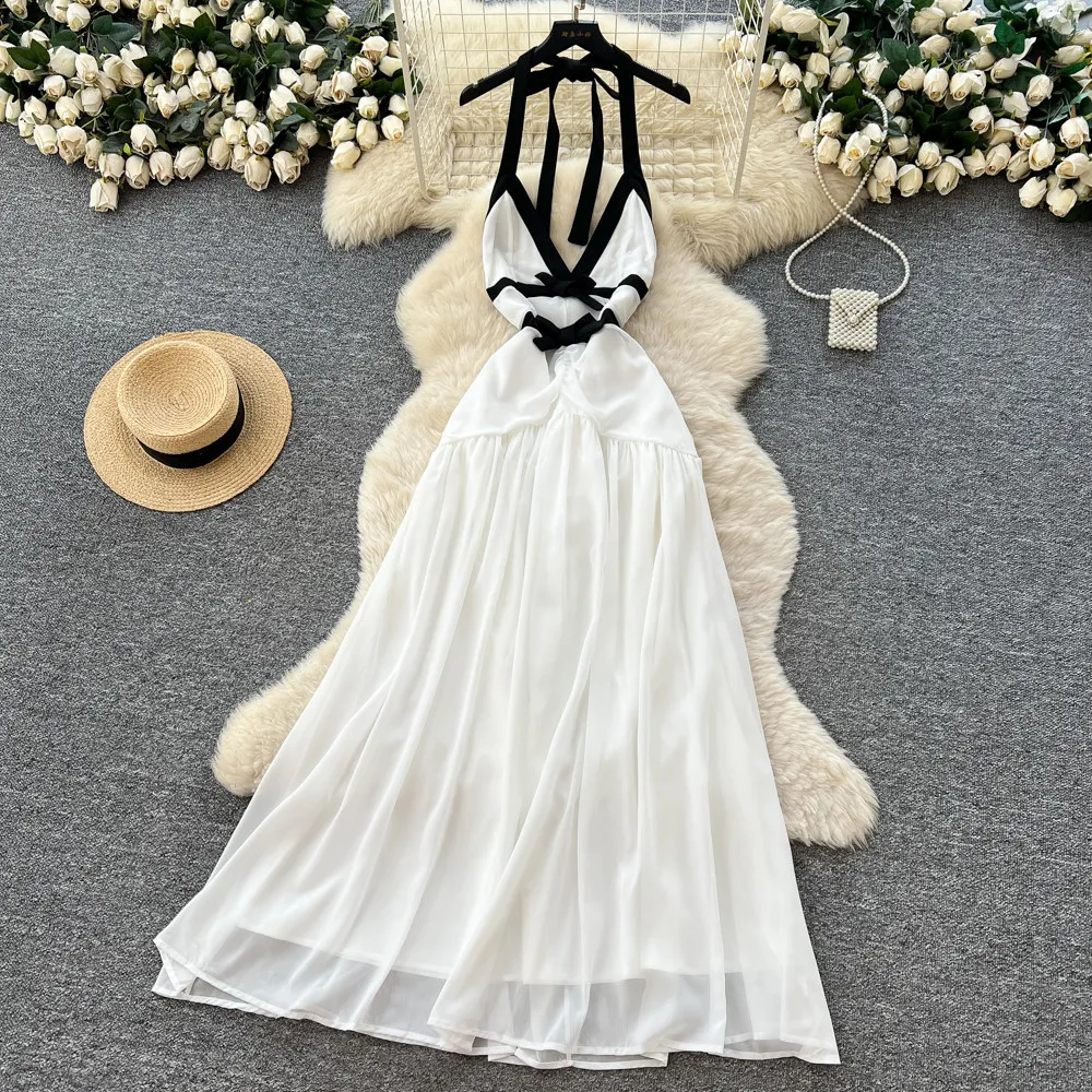 

Women Dresses Solid Dress Camisole Backless Halter Neck Sleeveless Ankle Length Cinched Empire Waist Slim Fit Sexy 2026 Summer