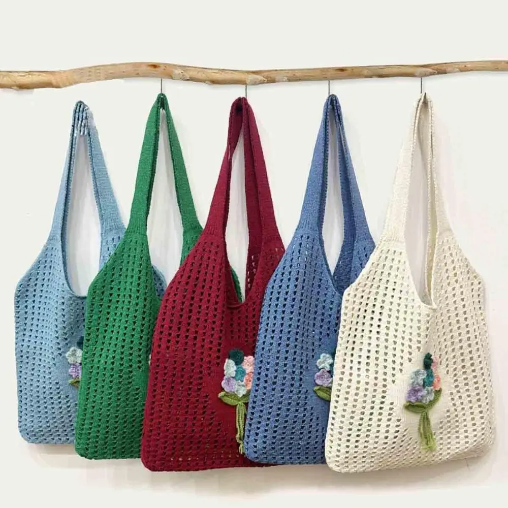 

Casual Flower Crochet Beach Tote Bag Hand-woven Hollow Knitted Shopping Bag Handmade Large Capacity Shoulder Bag