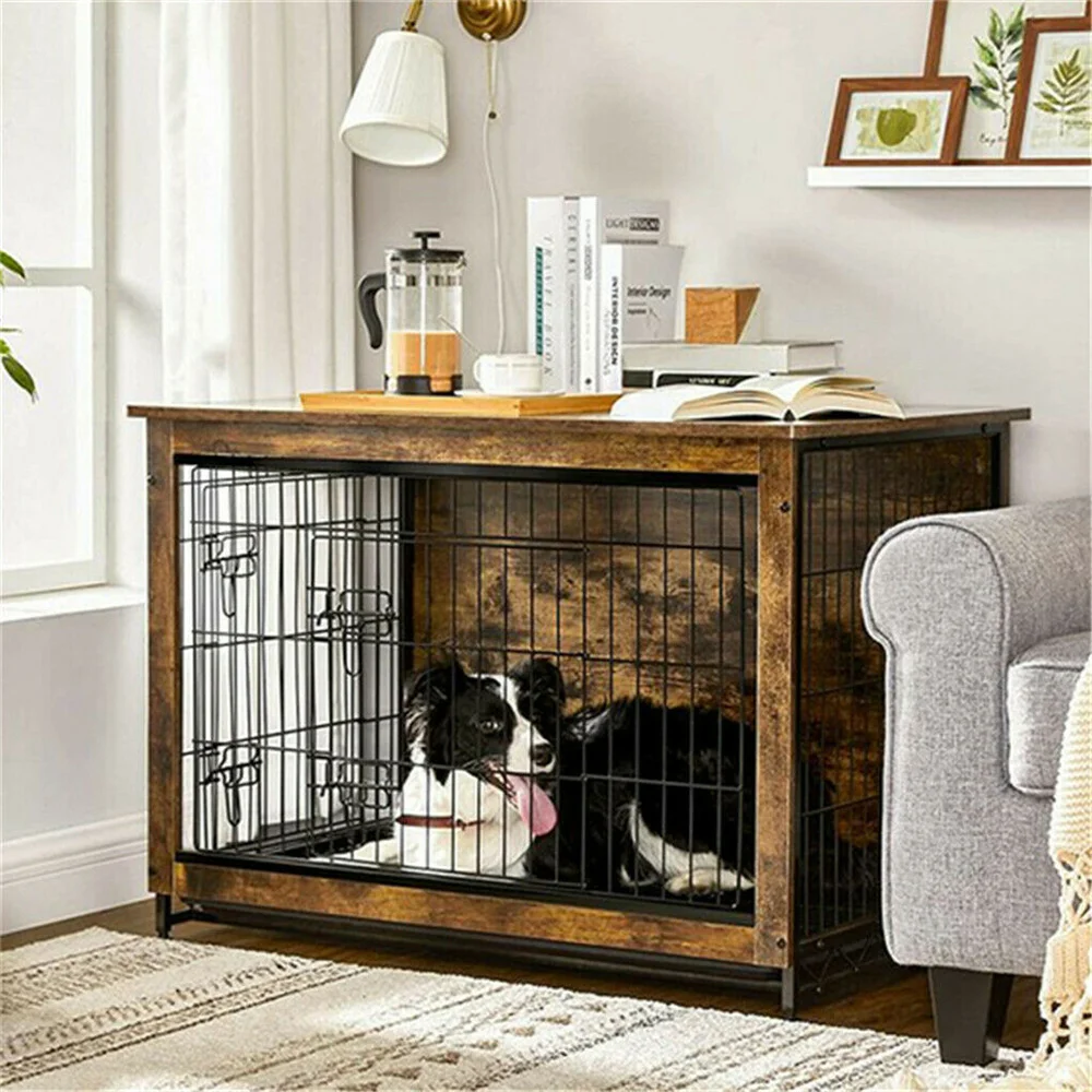 Large Elevated Dog Crate Wooden Dog Kennel Cage Pet House End Table with Double Door and Removable Tray Rustic Furniture Indoor